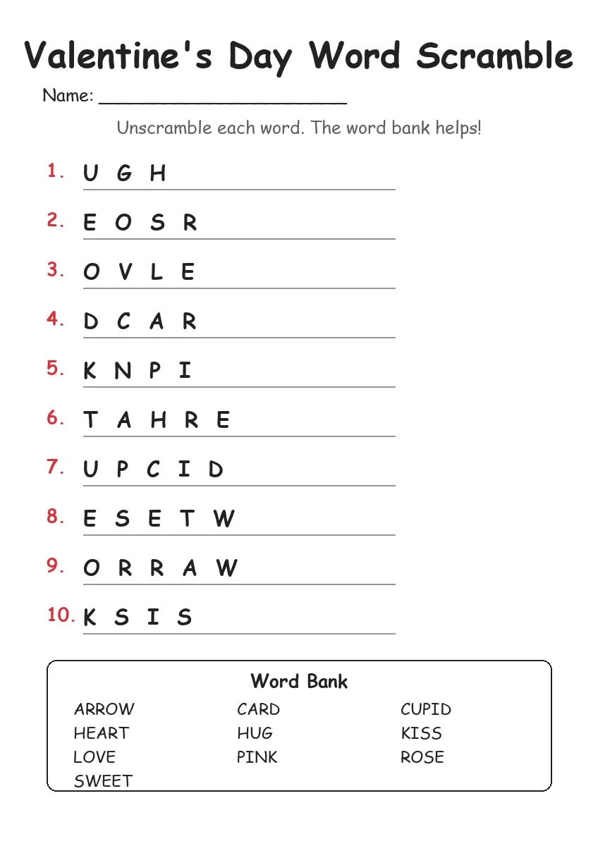 Valentine's Day Word Scramble (Grade 3)
