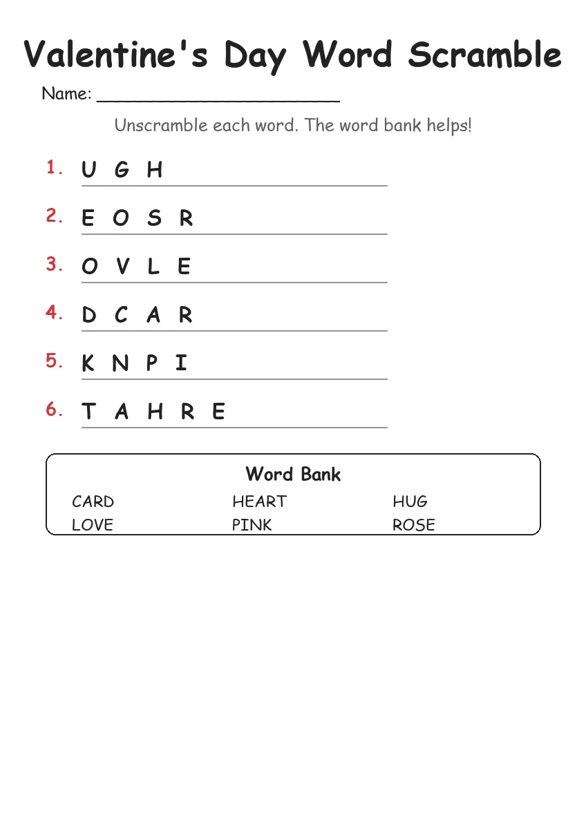 Valentine's Day word scramble worksheet for Kindergarten