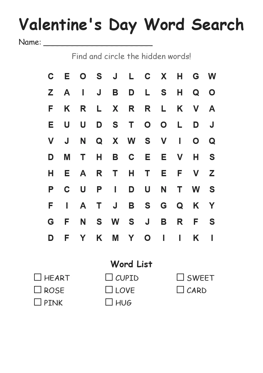 Valentine's Day Word Search (Grade 1)