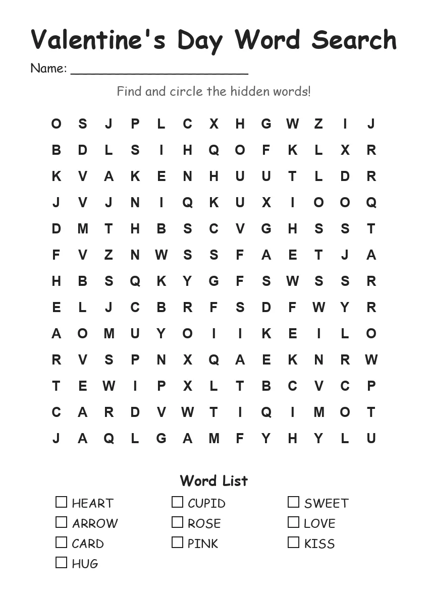 Valentine's Day Word Search (Grade 2)