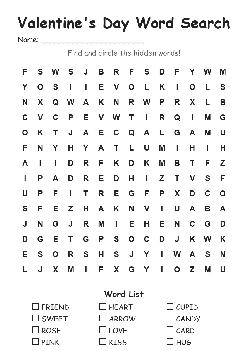 Valentine's Day Word Search (Grade 3)