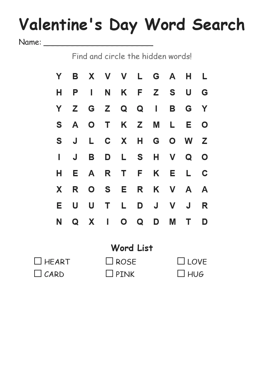 Valentine's Day word search worksheet for Kindergarten