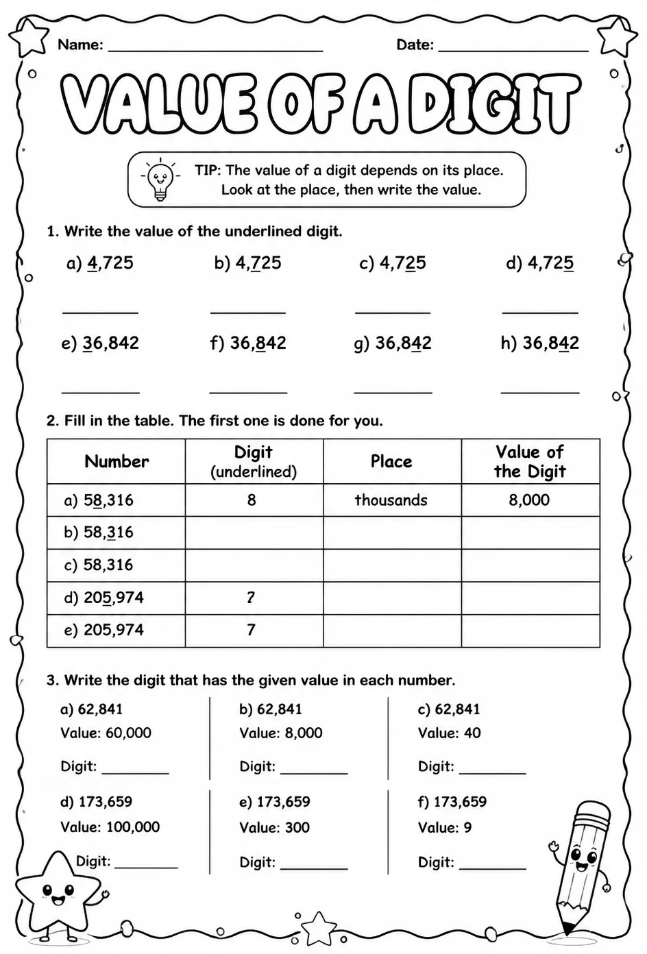 Value of a digit — free printable Grade 4 math worksheet