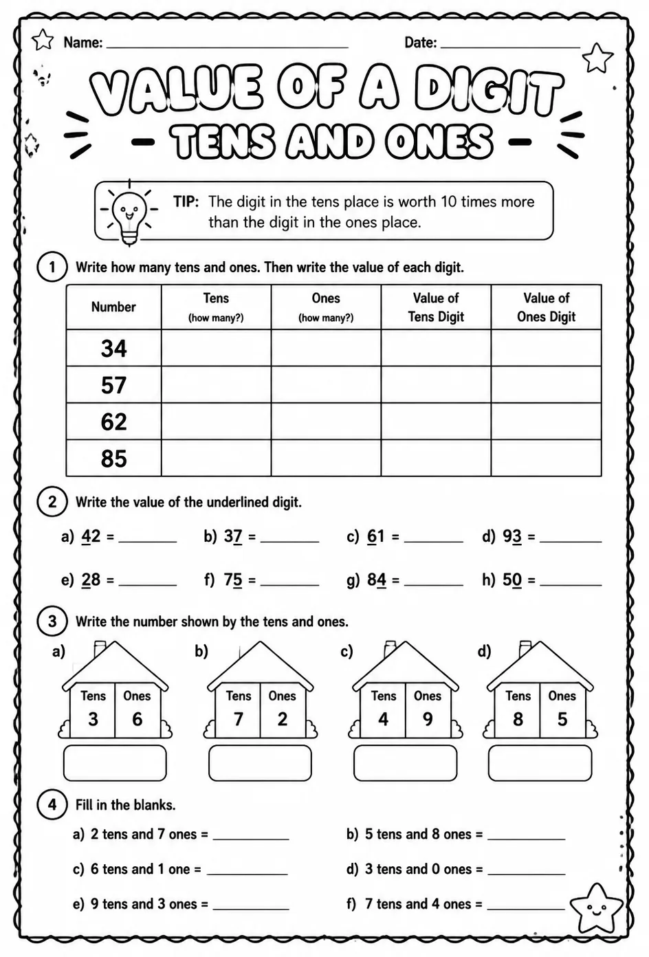 Value of a digit - tens and ones — free printable Grade 2 math worksheet