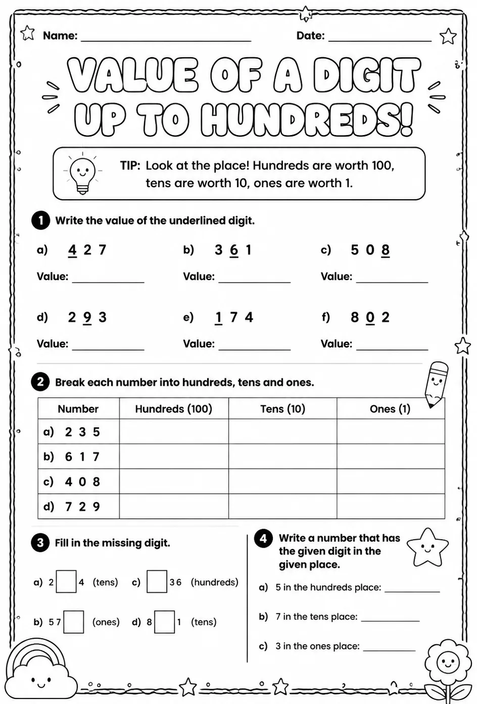 Value of a digit - up to hundreds — free printable Grade 2 math worksheet