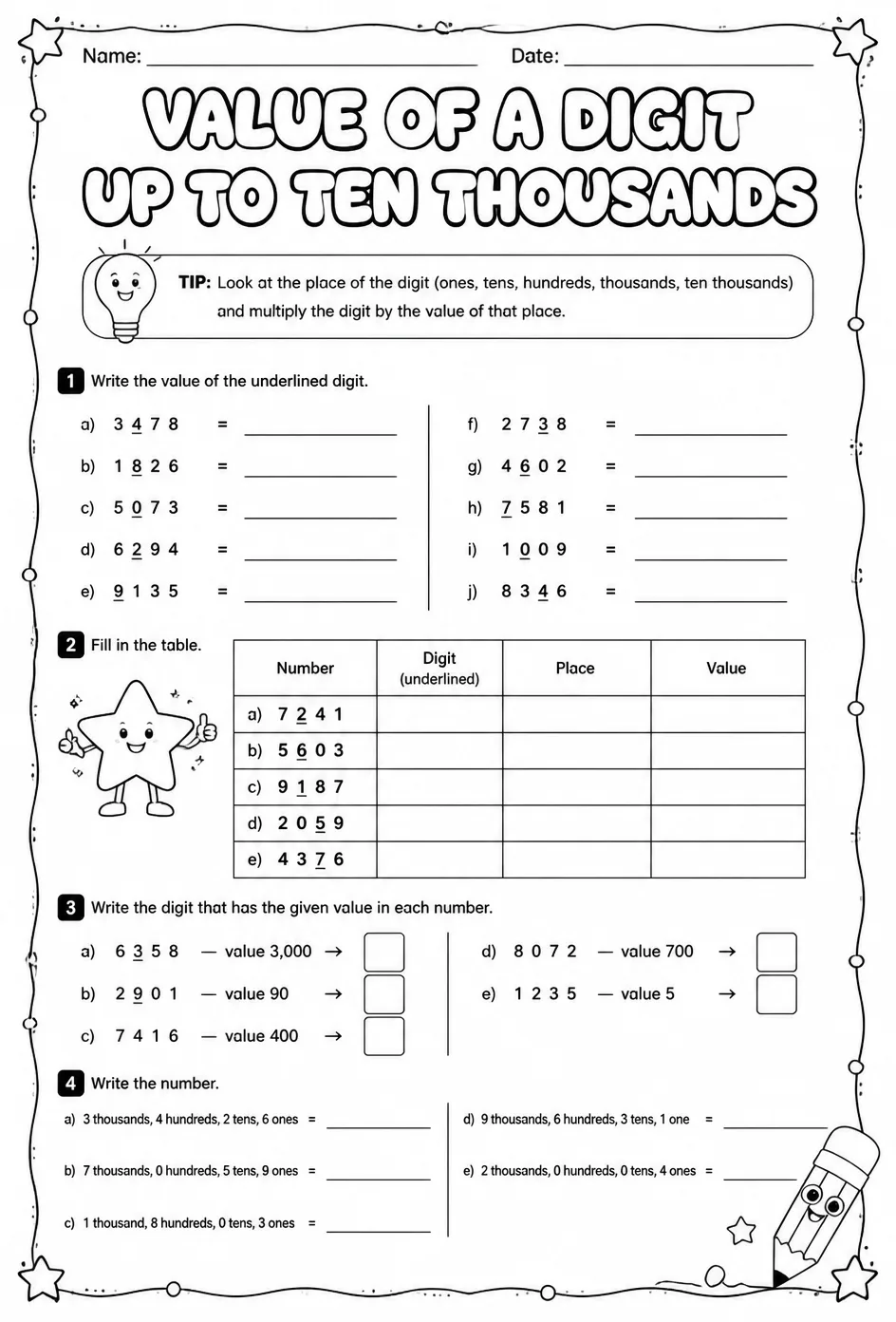 Value of a digit up to ten thousands — free printable Grade 3 math worksheet