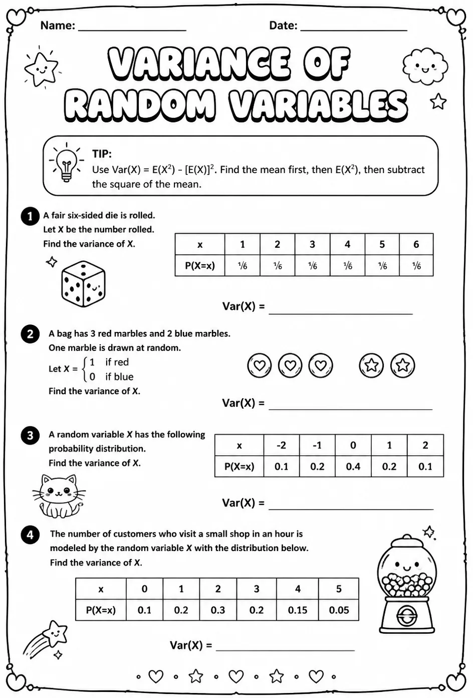 Variance of random variables — free printable Algebra 2 math worksheet
