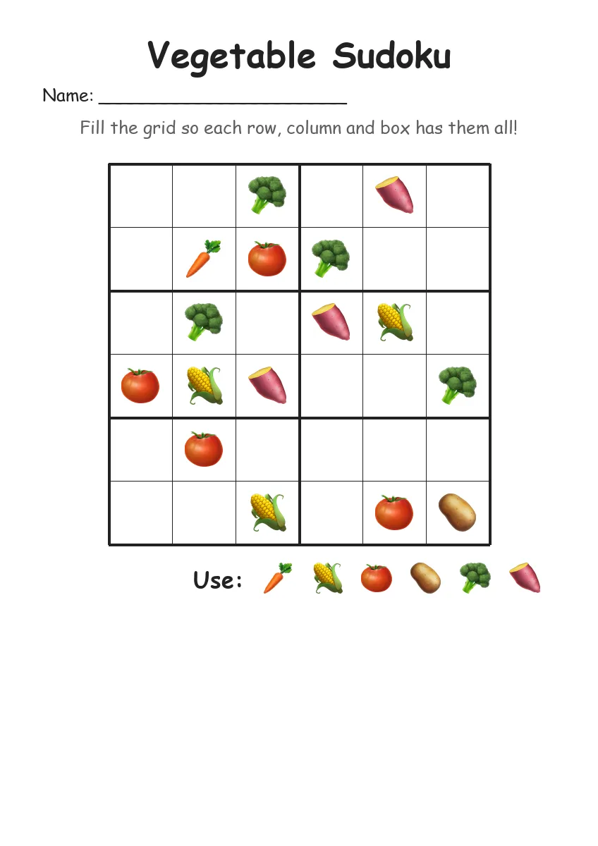 Vegetable Sudoku 6x6 (Grade 2) worksheet for Grade 2