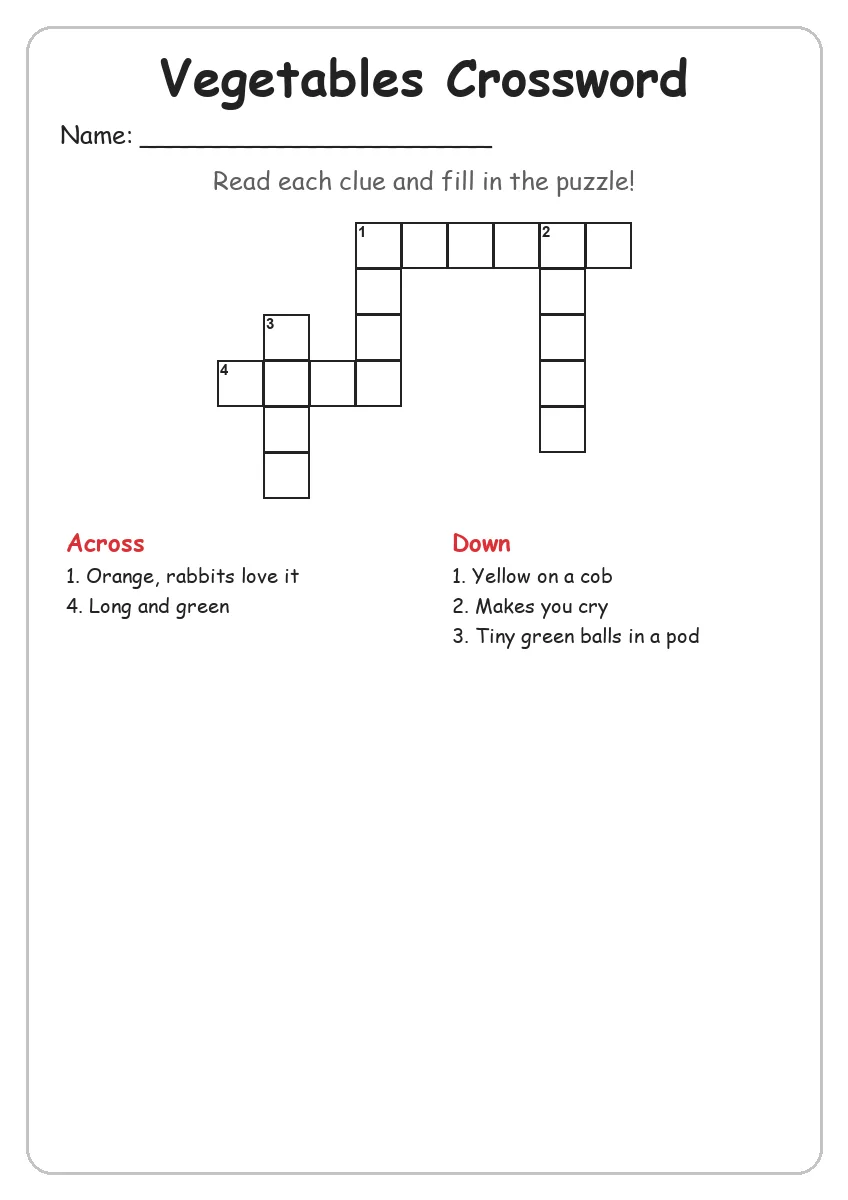 Vegetables crossword worksheet for Grade 1