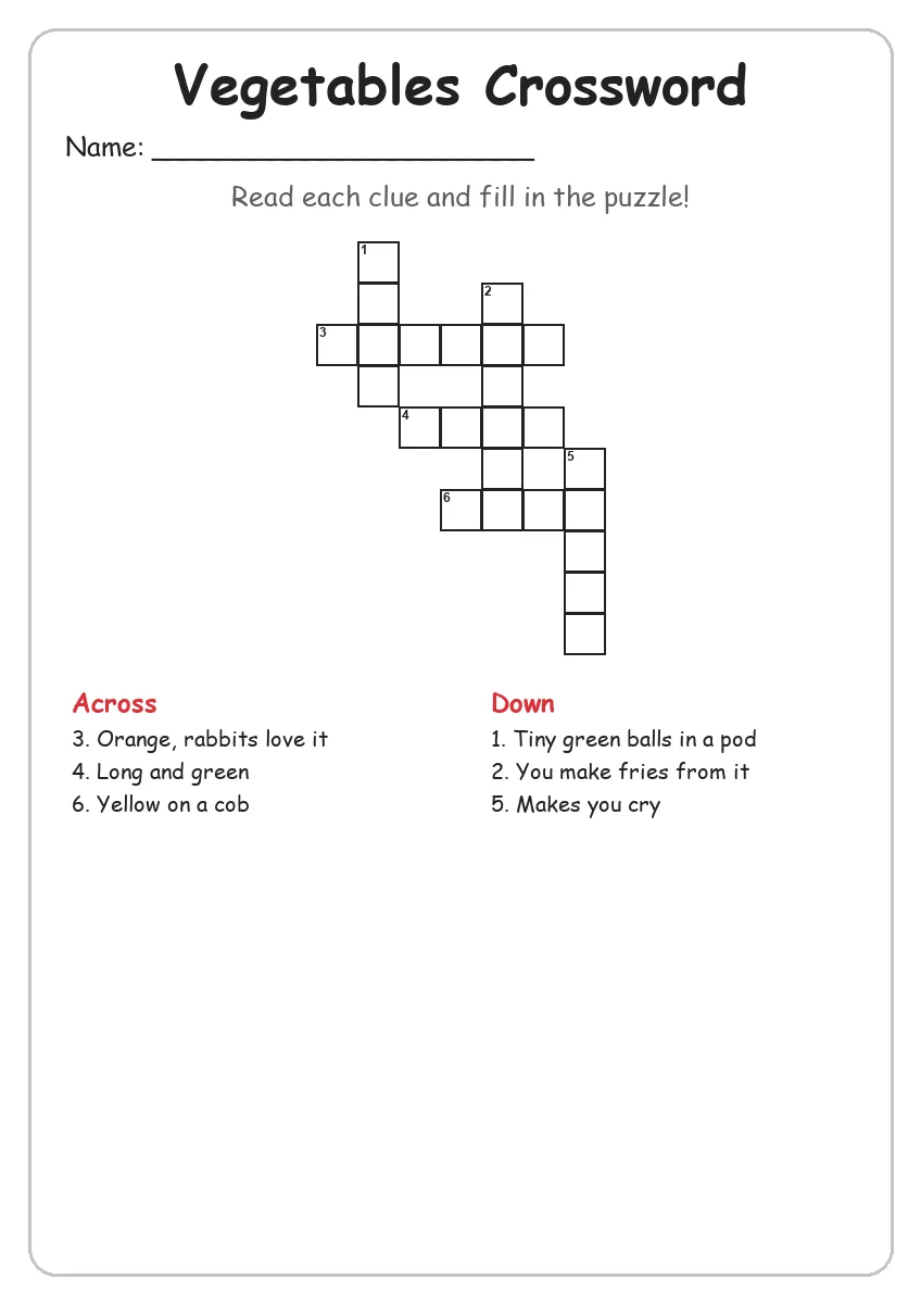 Vegetables crossword worksheet for Grade 2
