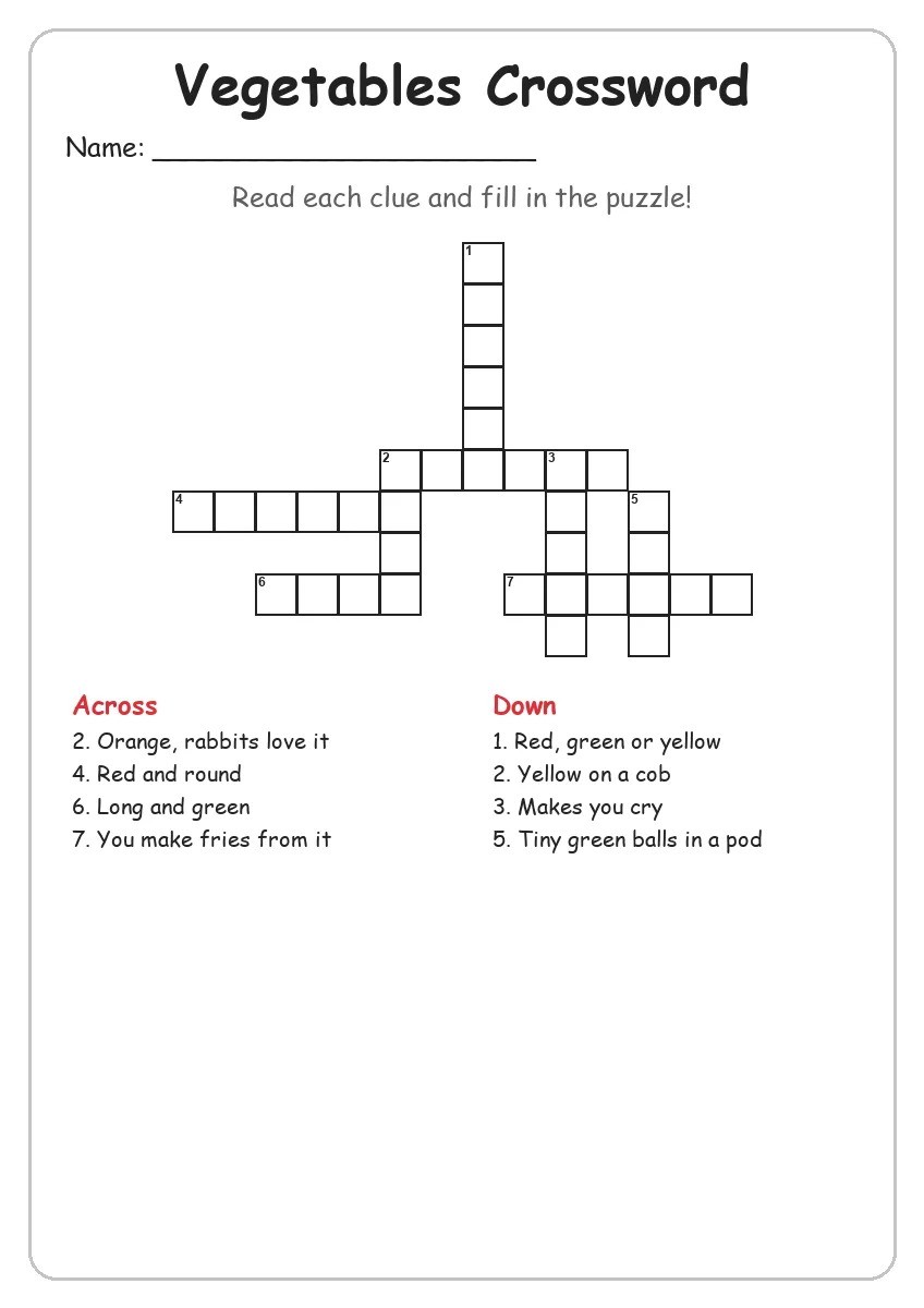 Vegetables crossword worksheet for Grade 3