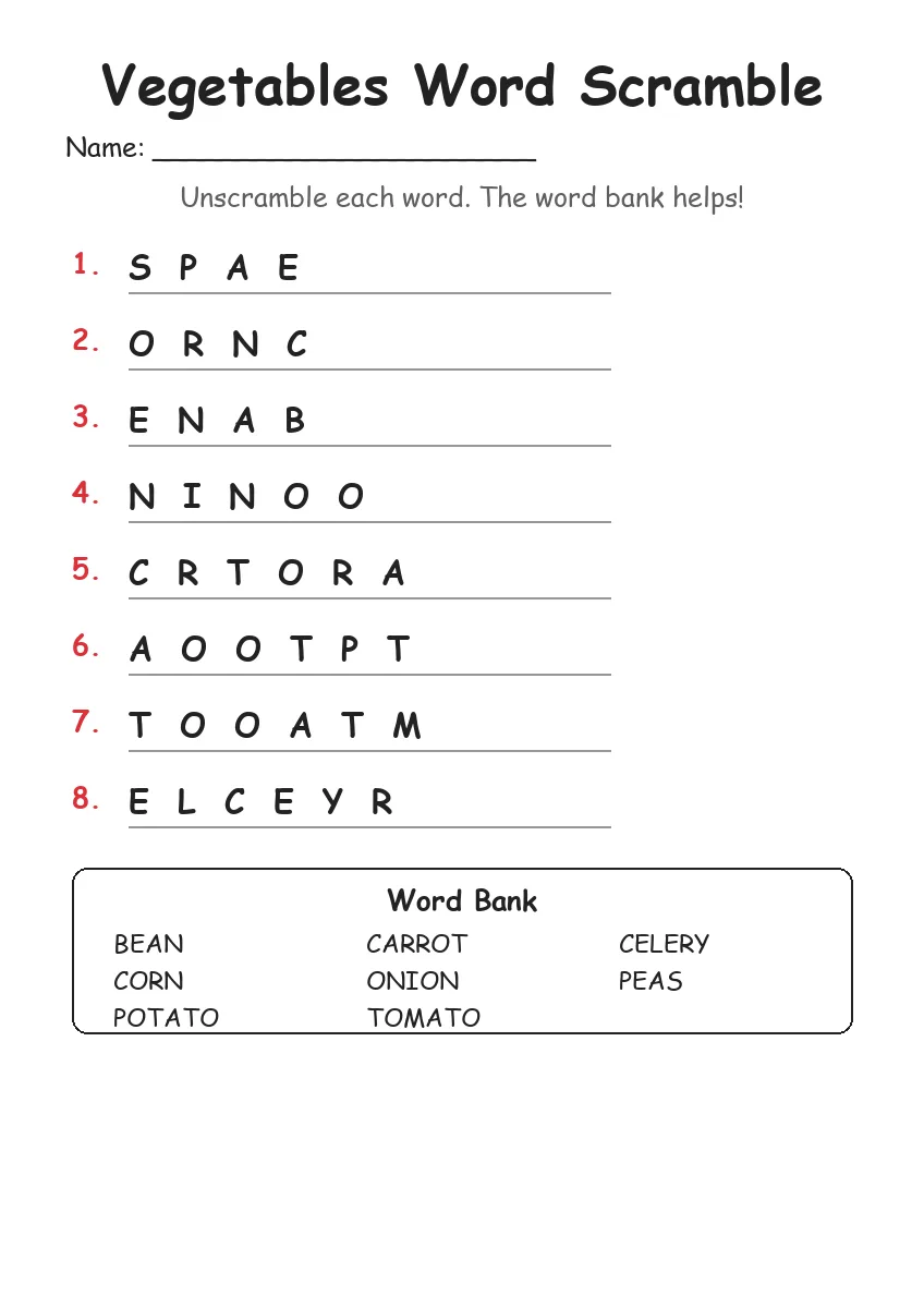 Vegetables word scramble worksheet for Grade 1