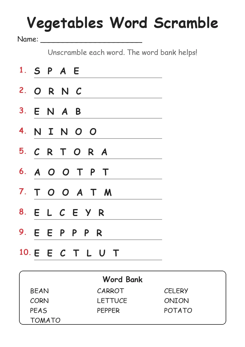 Vegetables word scramble worksheet for Grade 3