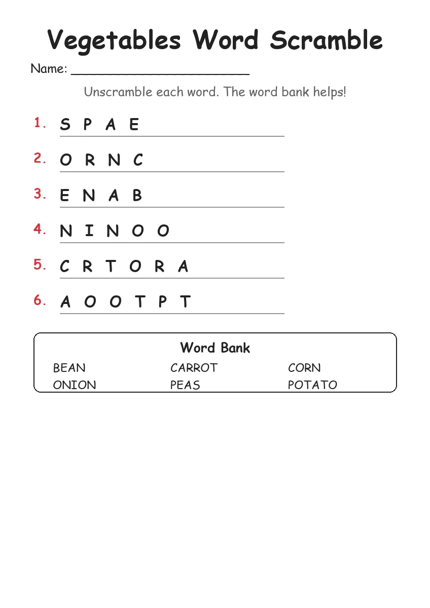 Vegetables word scramble worksheet for Kindergarten