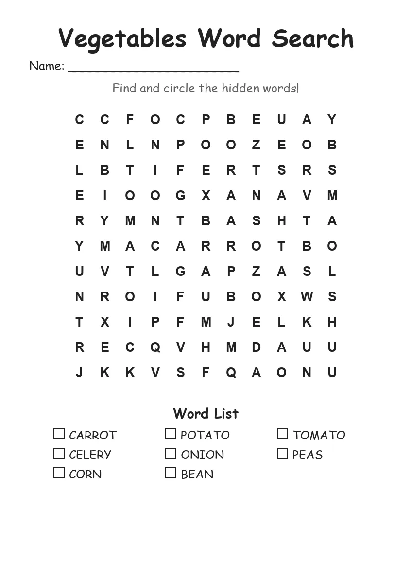 Vegetables word search worksheet for Grade 1