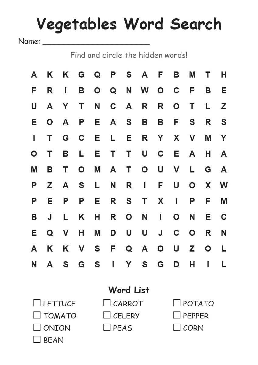 Vegetables word search worksheet for Grade 2