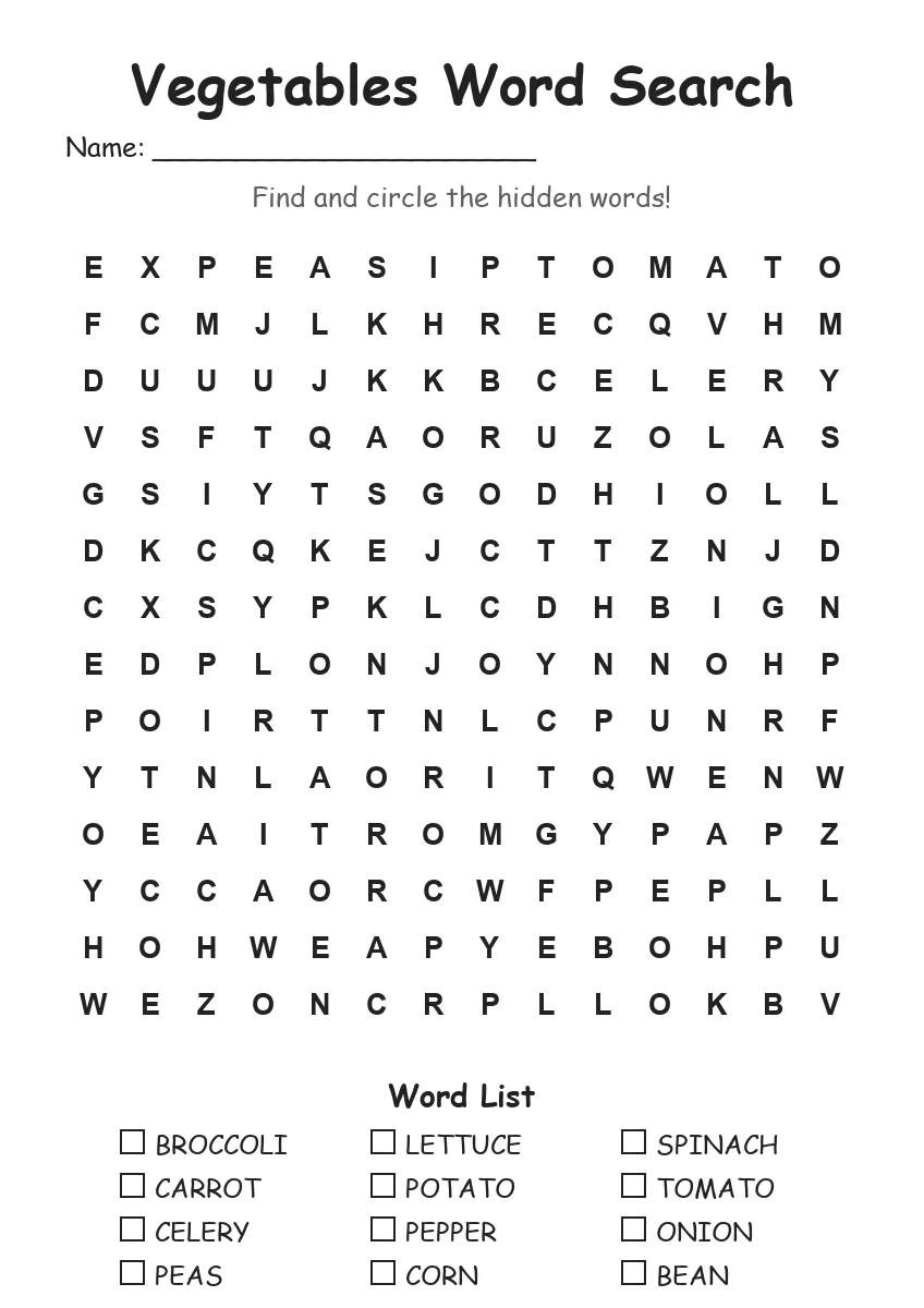 Vegetables word search worksheet for Grade 3