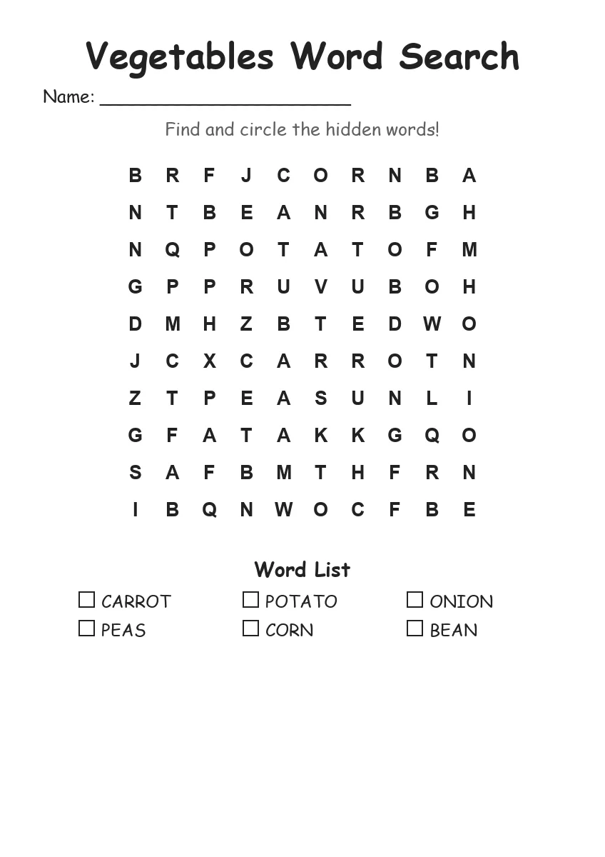 Vegetables word search worksheet for Kindergarten
