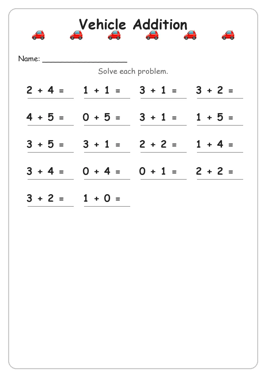 Vehicle addition worksheet for Kindergarten