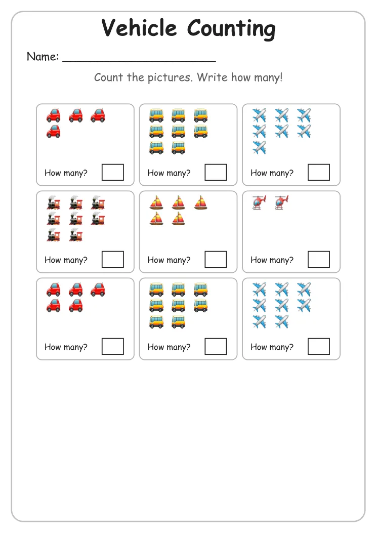 Vehicle Counting to 10 (Kindergarten)