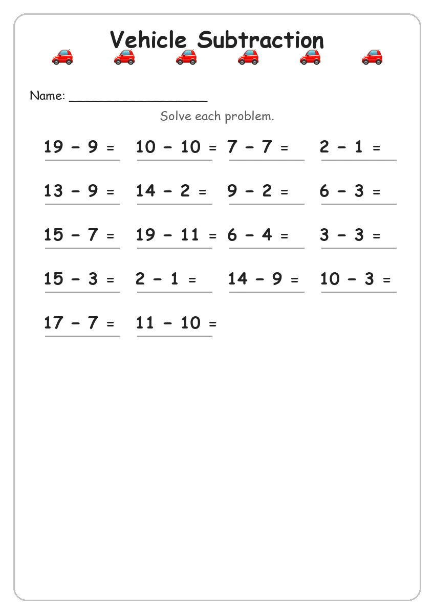 Vehicle subtraction worksheet for Grade 1