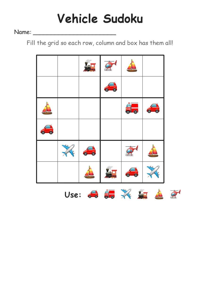 Vehicle Sudoku 6x6 (Grade 2) worksheet for Grade 2