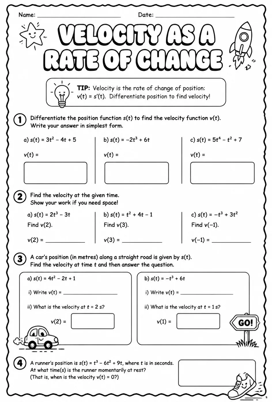 Velocity as a rate of change — free printable Calculus math worksheet