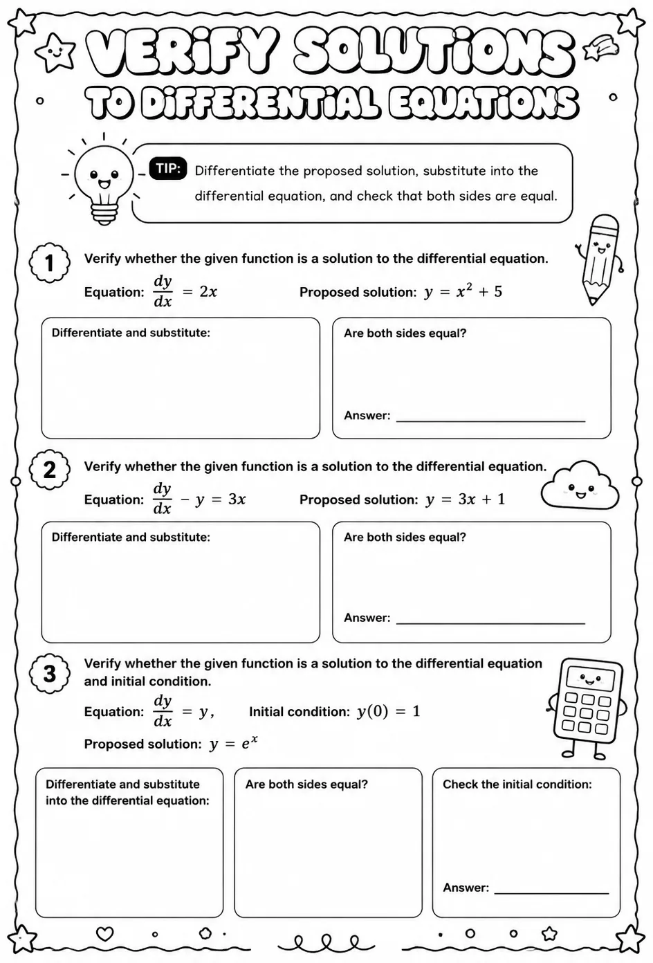 Verify solutions to differential equations — free printable Calculus math worksheet