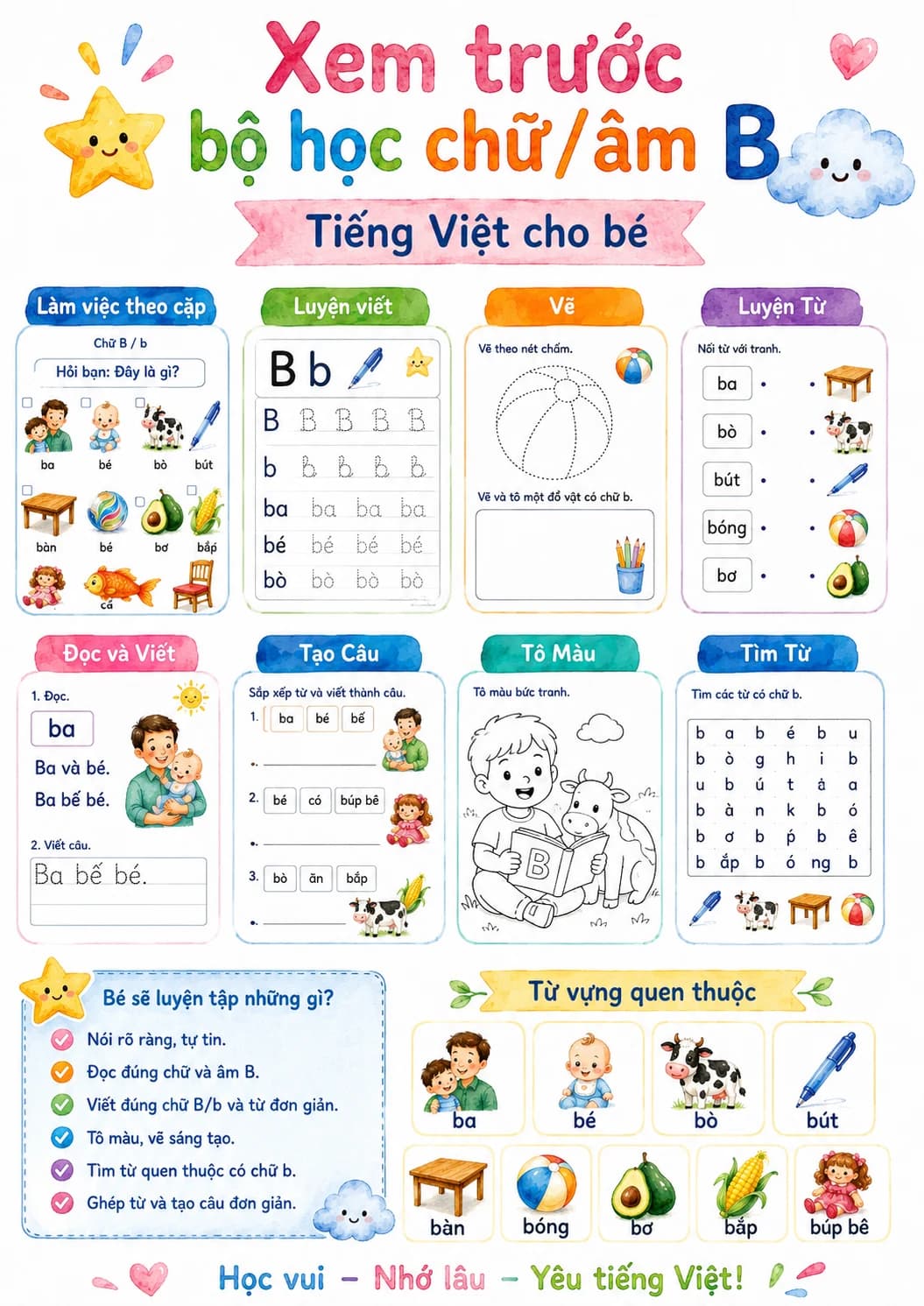 Vietnamese Letter B Phonics Worksheets Pack page 2 printable worksheet preview