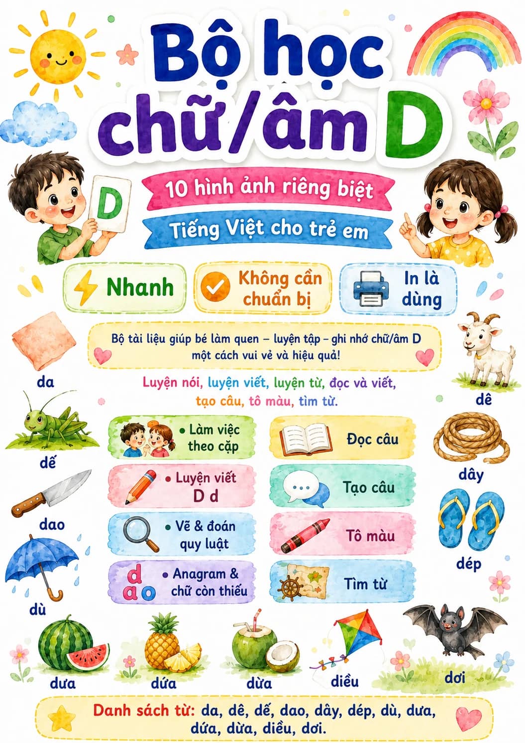 Vietnamese Letter D Phonics Worksheets Pack printable worksheet pack preview from KiwiBee