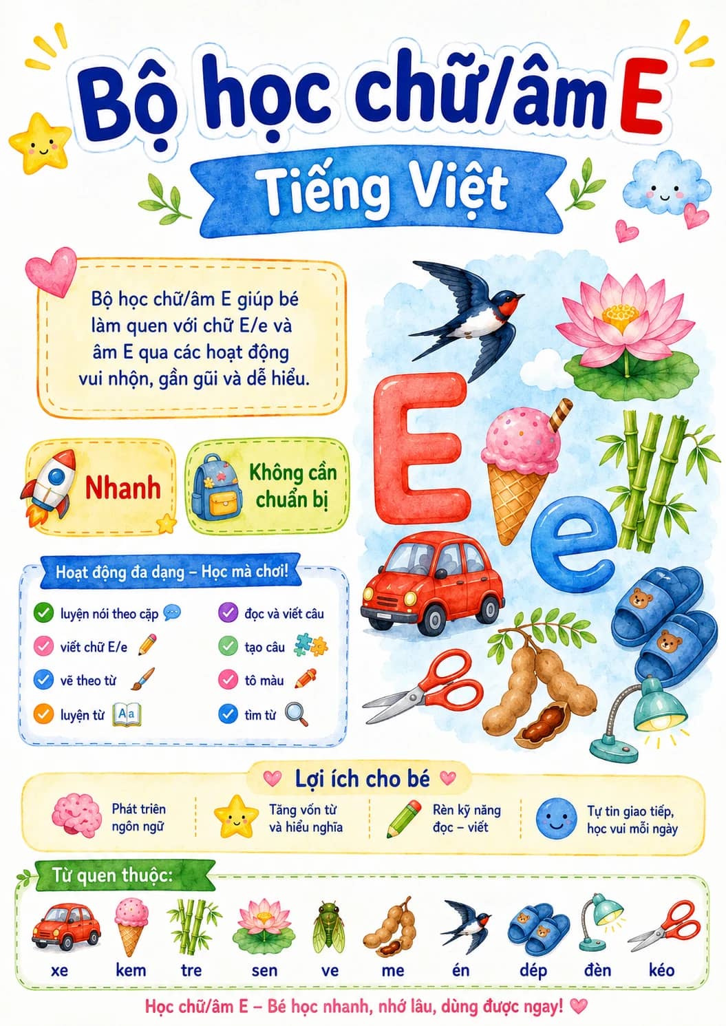 Vietnamese Letter E Phonics Worksheets Pack printable worksheet pack preview from KiwiBee