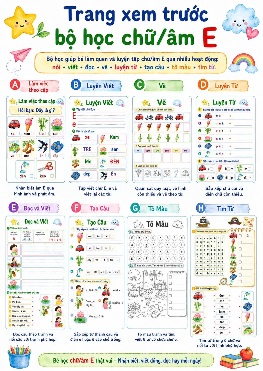 Vietnamese Letter E Phonics Worksheets Pack page 2 printable worksheet preview