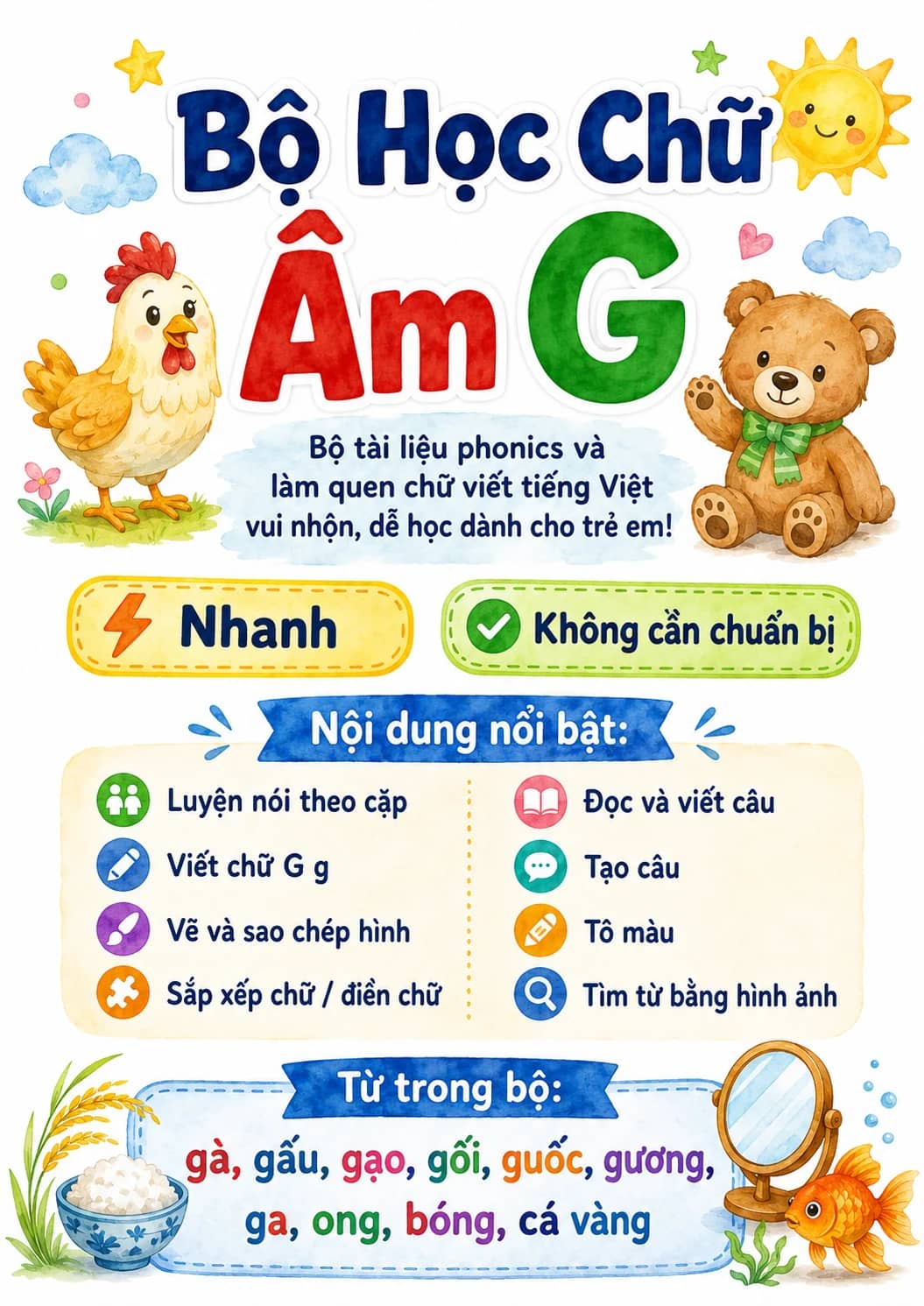 Vietnamese Letter G Phonics Worksheets Pack printable worksheet pack preview from KiwiBee