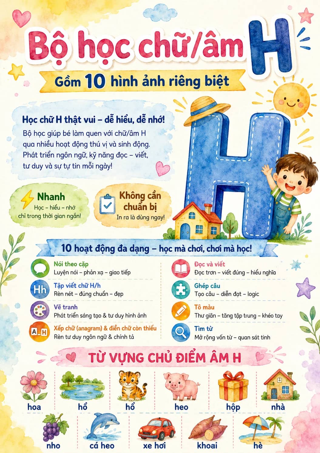 Vietnamese Letter H Phonics Worksheets Pack printable worksheet pack preview from KiwiBee
