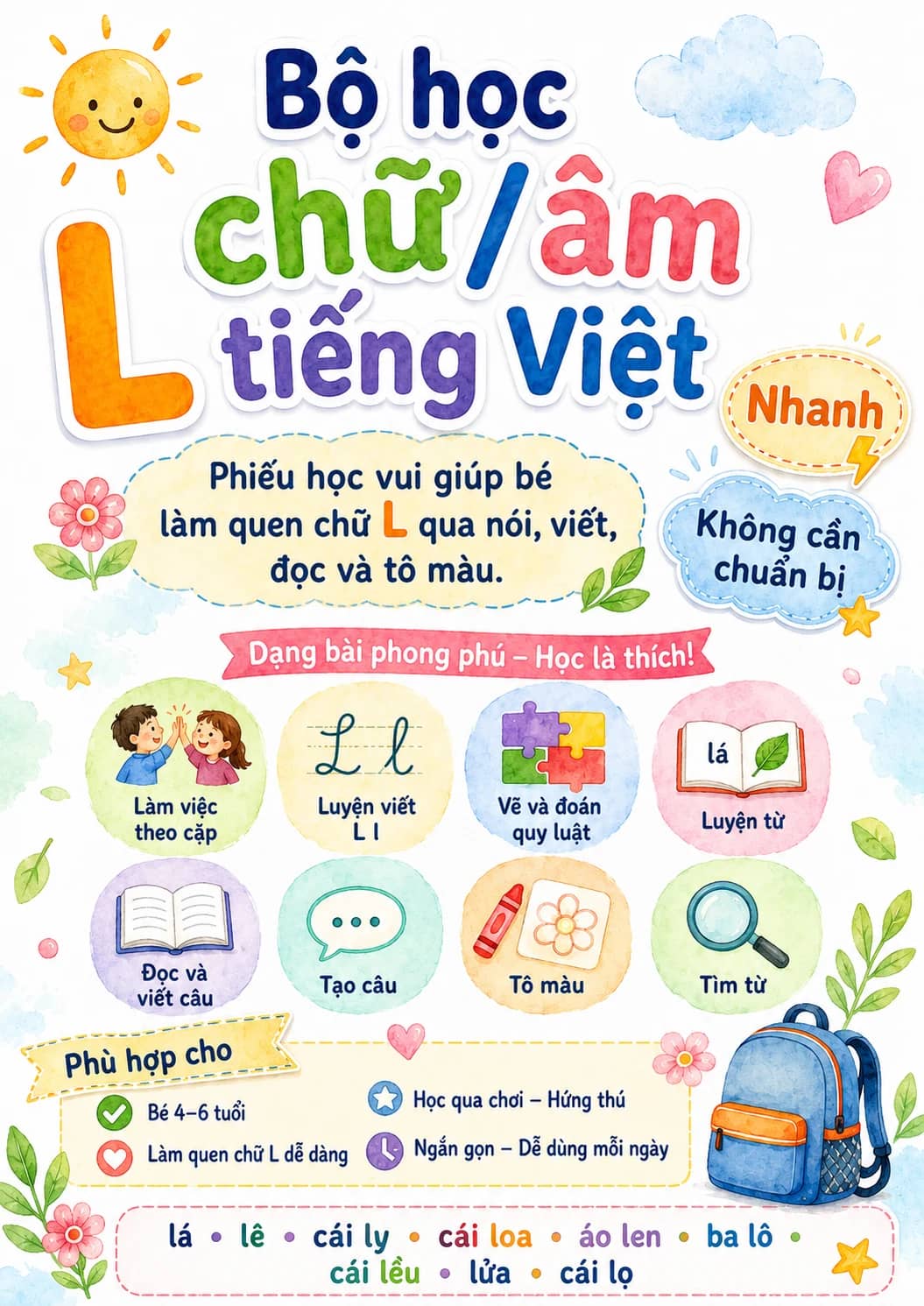 Vietnamese Letter L Phonics Worksheets Pack printable worksheet pack preview from KiwiBee