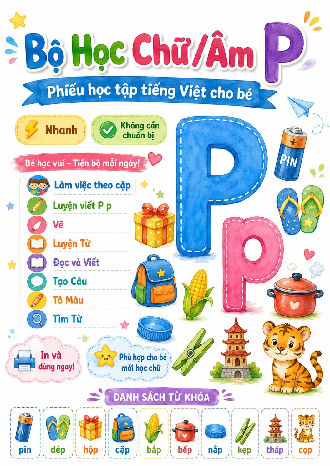 Vietnamese Letter P Phonics Worksheets Pack printable worksheet pack preview from KiwiBee