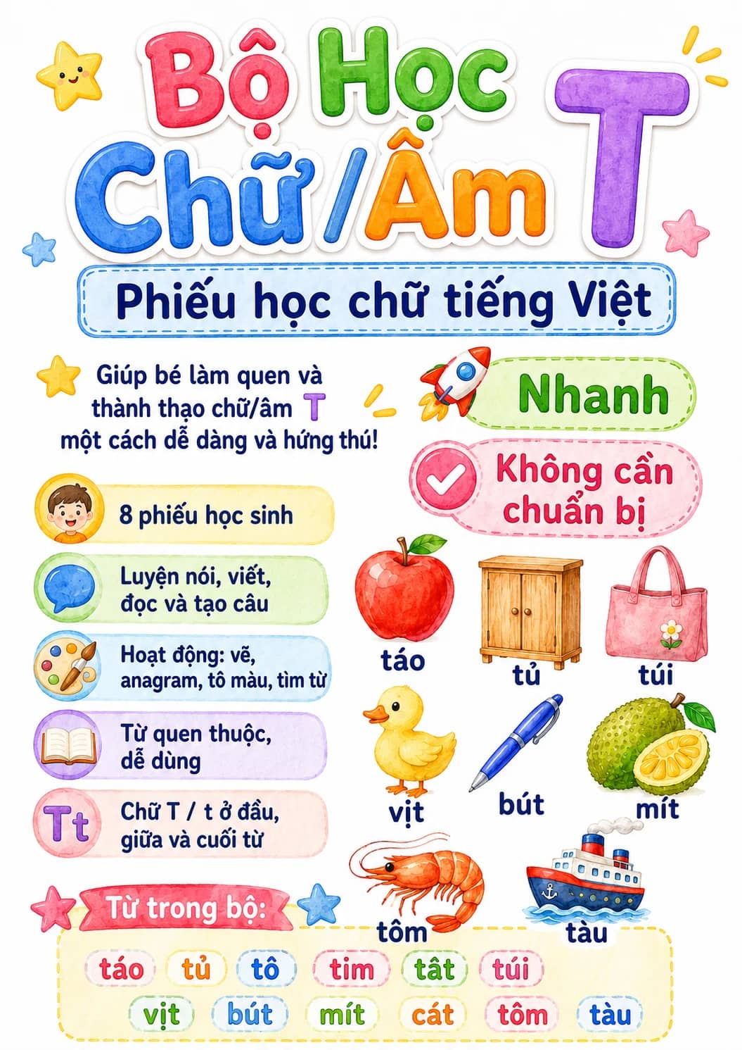 Vietnamese Letter T Phonics Worksheets Pack printable worksheet pack preview from KiwiBee
