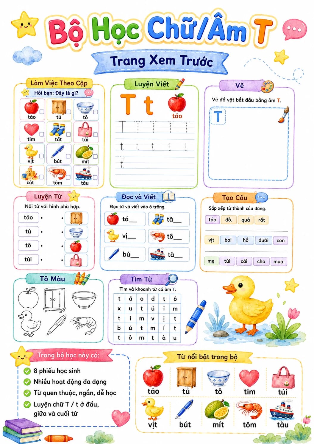 Vietnamese Letter T Phonics Worksheets Pack page 2 printable worksheet preview