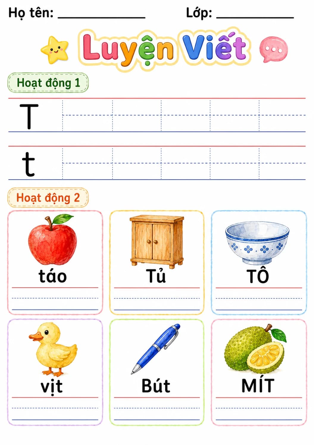 Vietnamese Letter T Phonics Worksheets Pack page 3 printable worksheet preview