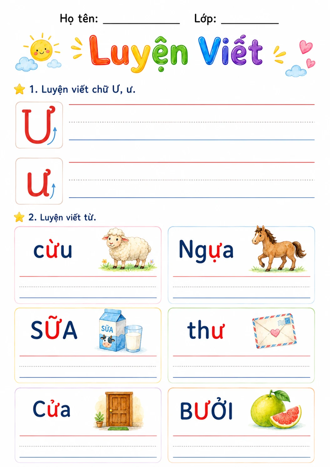 Vietnamese Letter U Horn Phonics Worksheets Pack