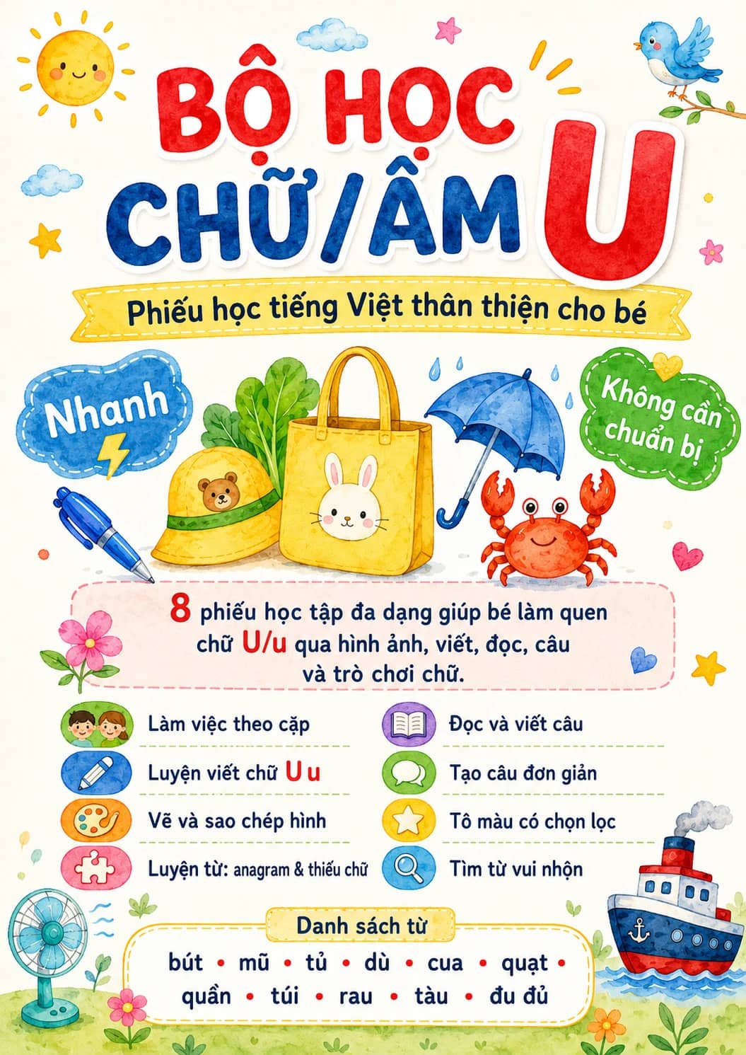 Vietnamese Letter U Phonics Worksheets Pack printable worksheet pack preview from KiwiBee