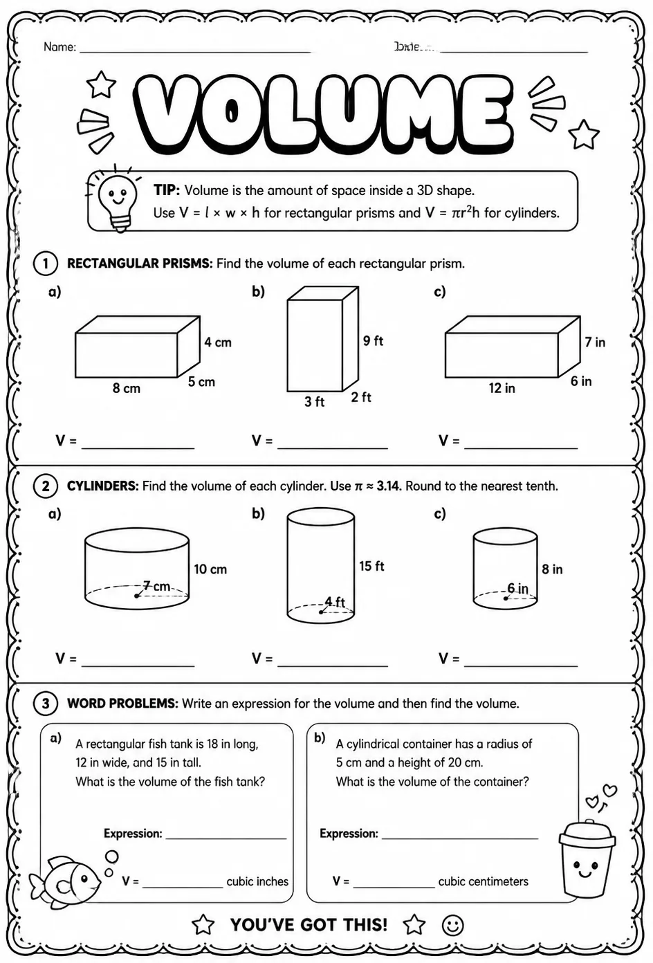 Volume — free printable Algebra 1 math worksheet