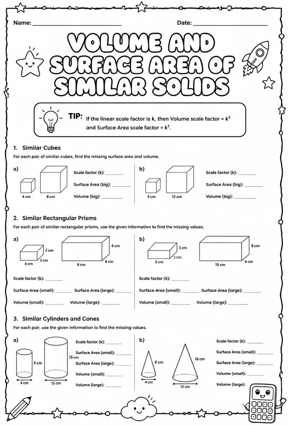 Volume and surface area of similar solids — free printable Grade 8 math worksheet