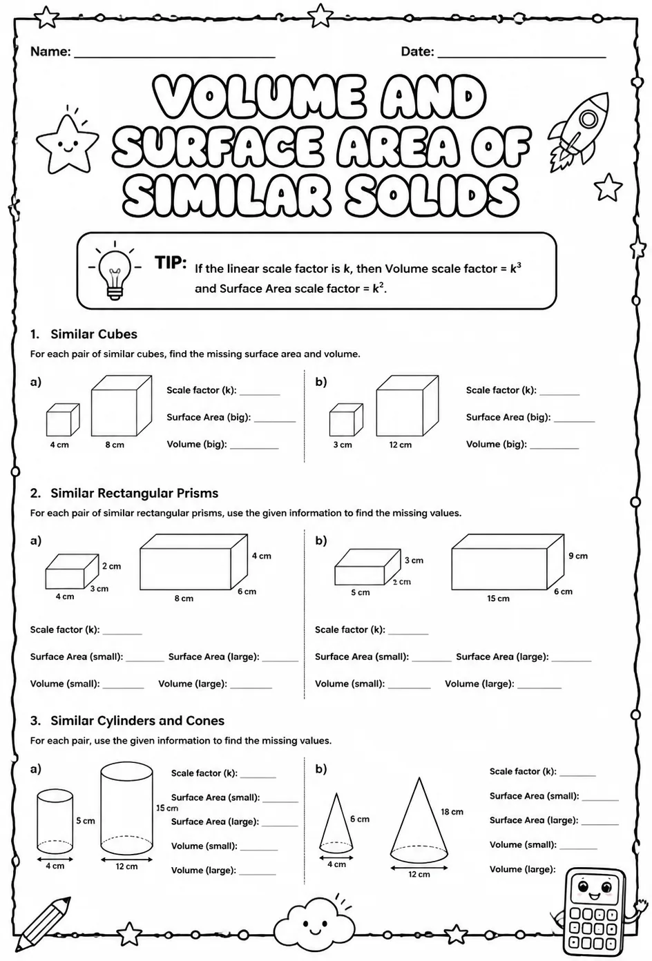 Volume and surface area of similar solids — free printable Grade 8 math worksheet