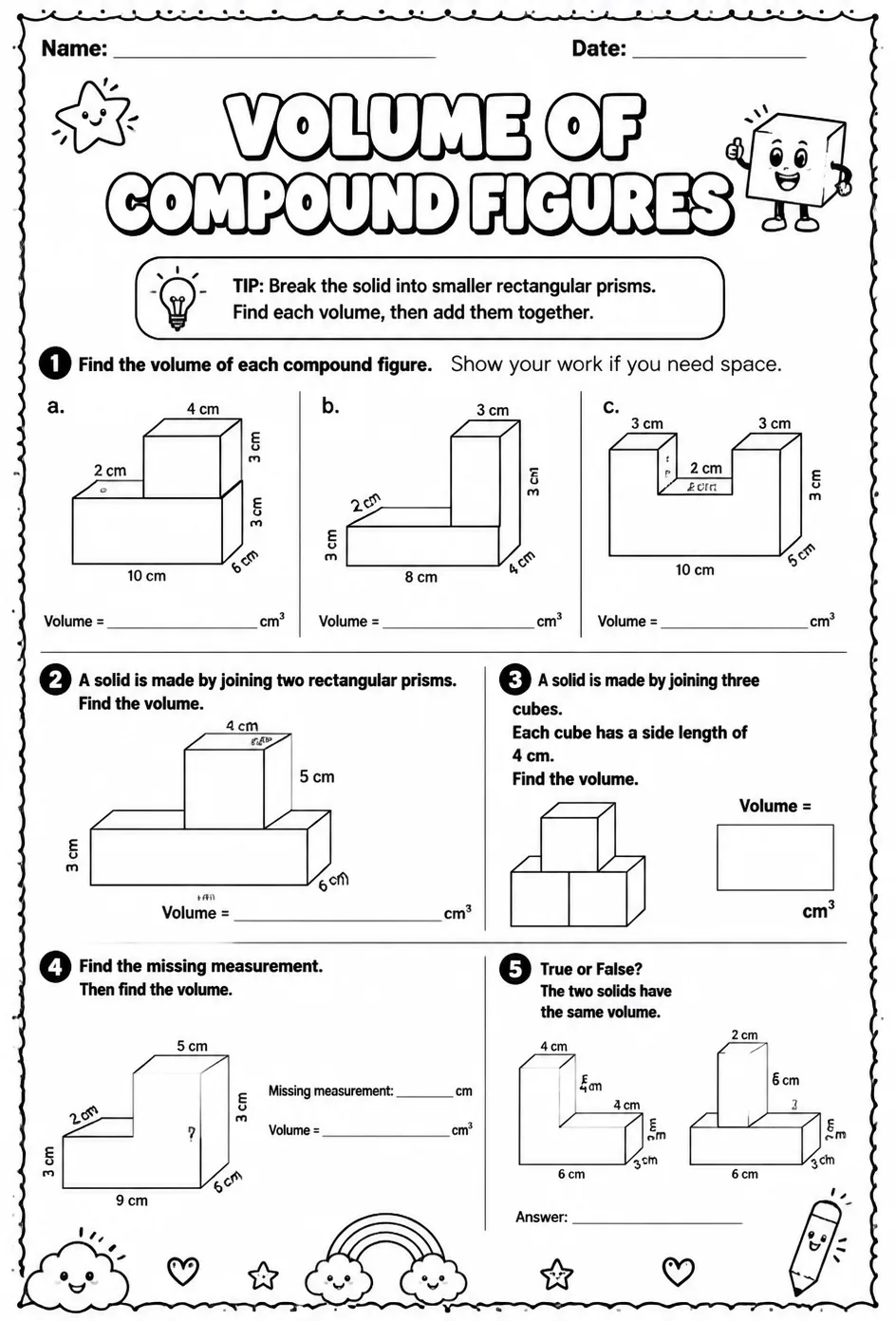 Volume of compound figures — free printable Grade 5 math worksheet