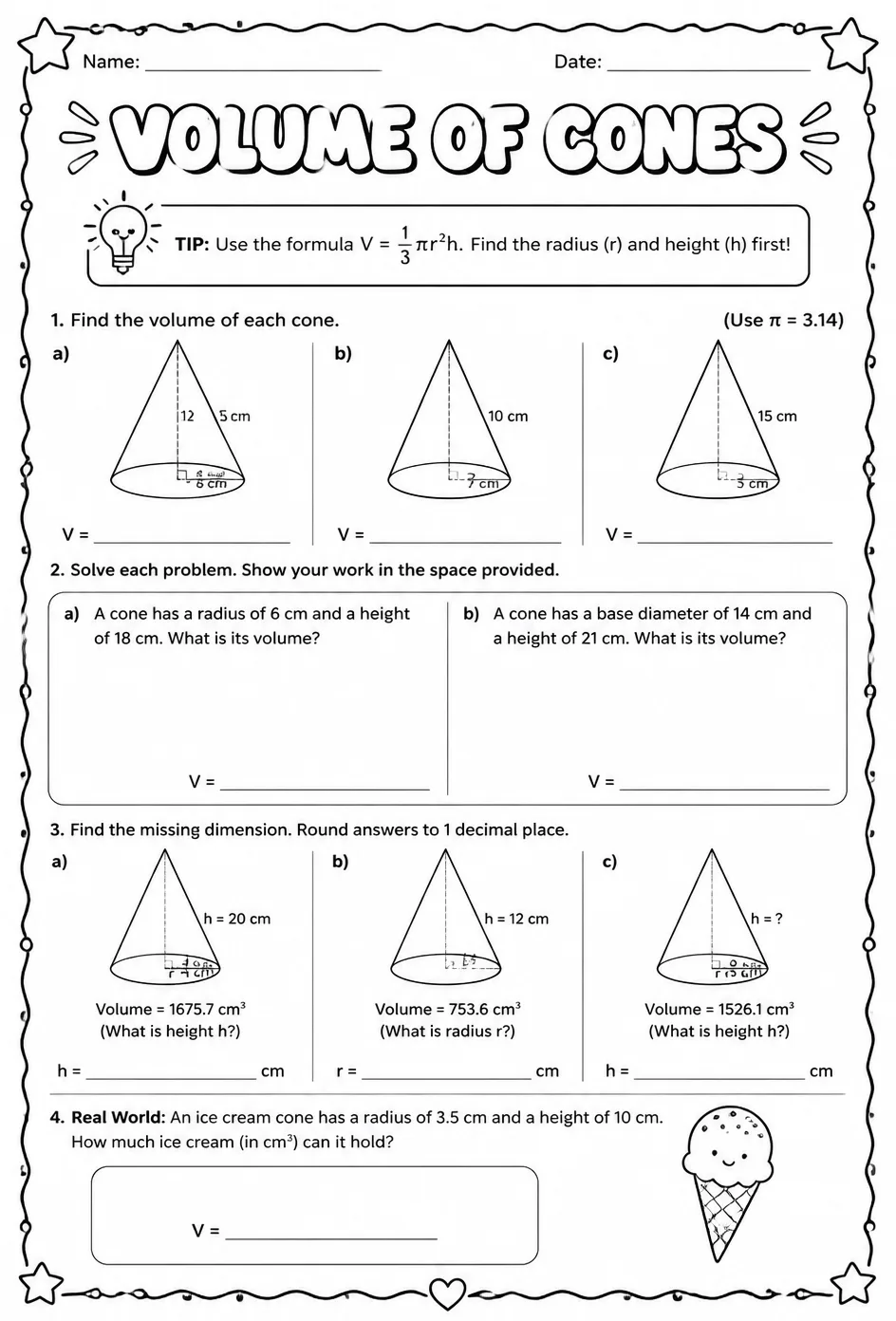 Volume of cones — free printable Grade 8 math worksheet