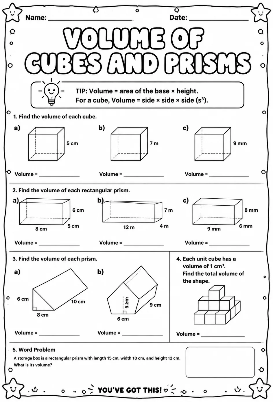 Volume of cubes and prisms — free printable Grade 7 math worksheet