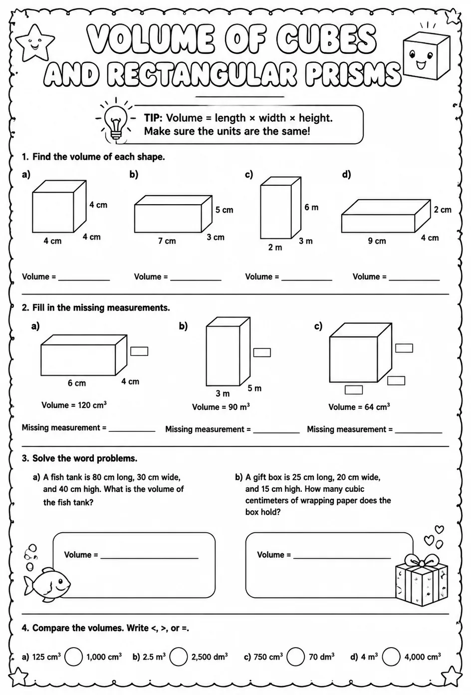 Volume of cubes and rectangular prisms — free printable Grade 5 math worksheet