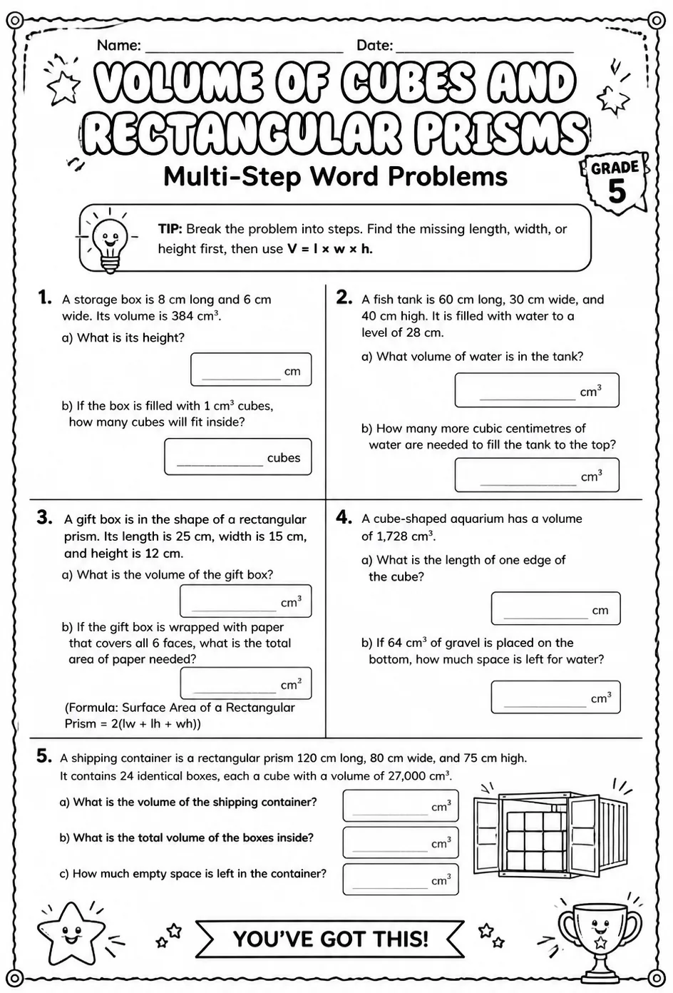 Volume of cubes and rectangular prisms: multi-step word problems — free printable Grade 5 math worksheet