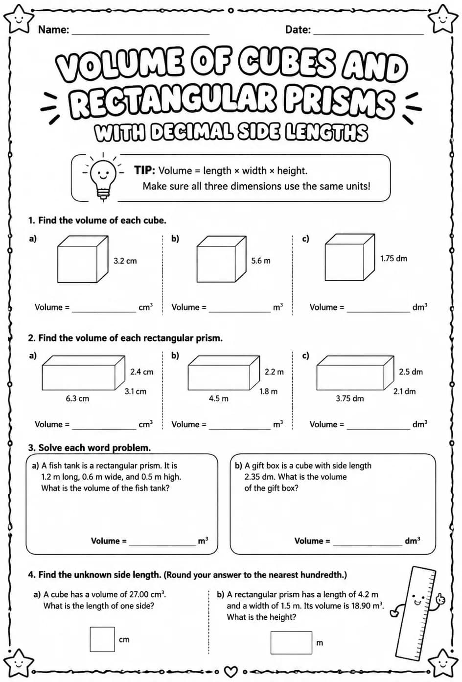 Volume of cubes and rectangular prisms with decimal side lengths — free printable Grade 5 math worksheet